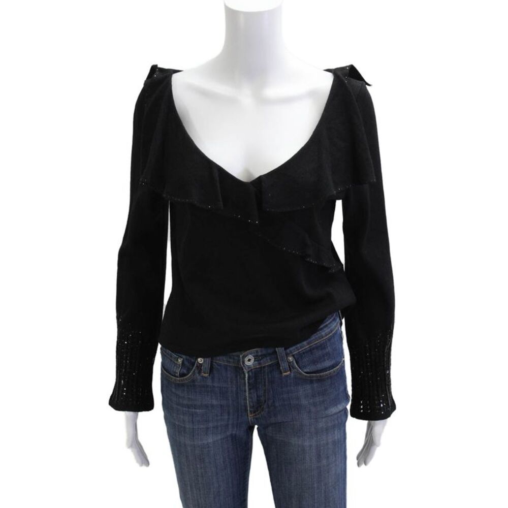 St. John Evening By Marie Gray Women Black V-Neck Blouse Long Sleeve Size 6